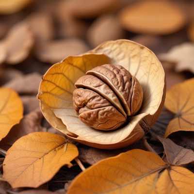 Nut in its shell sits among autumn leaves