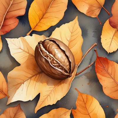 Nut resting on autumn leaves in warm colors