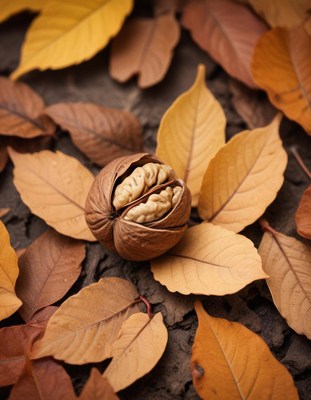 Walnut surrounded by autumn leaves on the ground