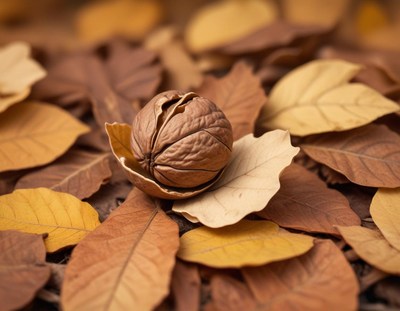 Walnut resting on autumn leaves in a serene setting