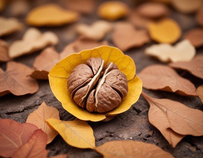 Unique walnut resting on autumn leaves in nature