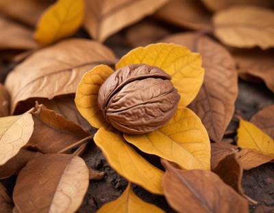 Walnut resting on yellow leaves in autumn landscape