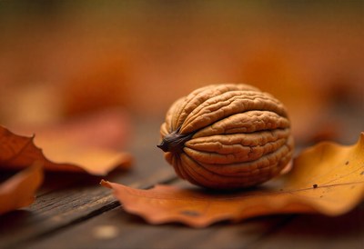 Walnut on wooden surface surrounded by autumn leaves