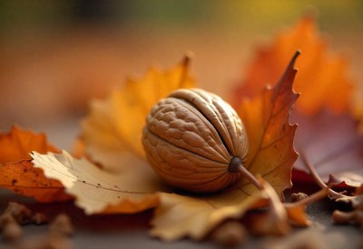 Walnut resting on autumn leaves in a natural setting