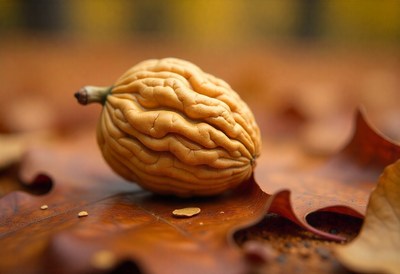 Walnut resting on autumn leaves in a peaceful setting