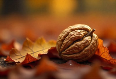 Walnut resting on autumn leaves in a serene setting