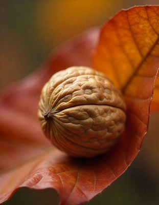 Walnut resting on a vibrant autumn leaf