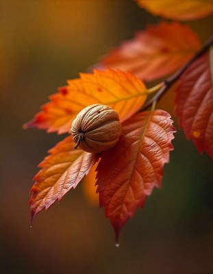 Autumn leaves with a bright walnut resting on them