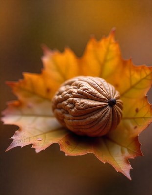 Walnut resting on a colorful autumn leaf