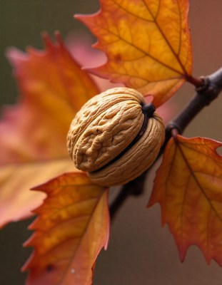Walnut nestled among vibrant autumn leaves