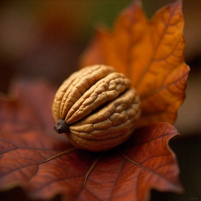 Walnut resting on vibrant autumn leaves