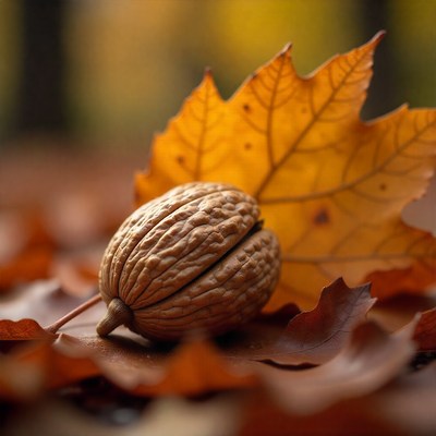 Close up of walnut among autumn leaves in the forest