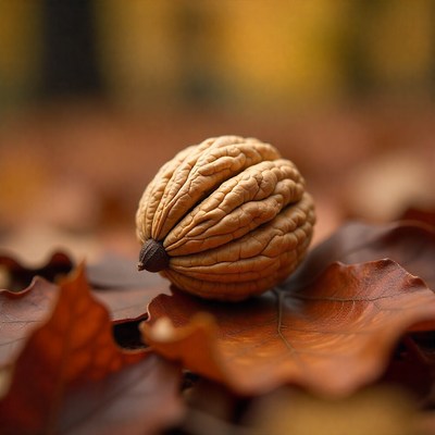 Walnut resting on autumn leaves in a forest