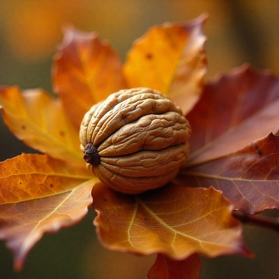 Autumn leaves with a walnut in the center