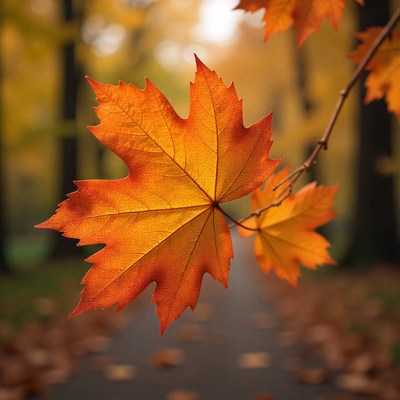 Vibrant autumn leaves against a scenic pathway