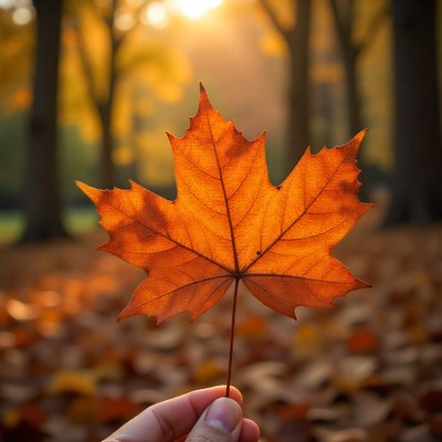 Glistening autumn leaf held against a golden sunset