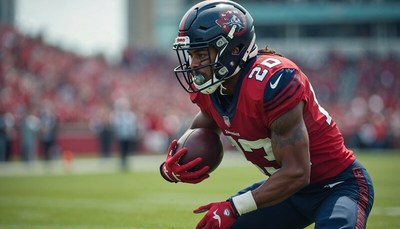 Player runs with ball during football game at stadium
