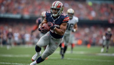 Running back dodges defenders during a football game