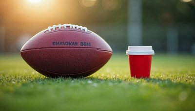 Football and coffee on the grass at sunset