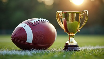Football and trophy on a field during sunset