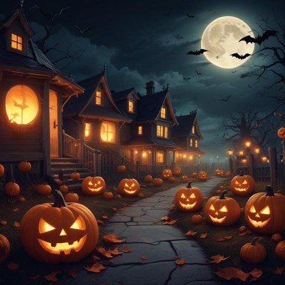 Spooky halloween night with glowing pumpkins and bats