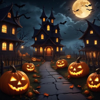 Spooky haunted house with pumpkins on halloween night