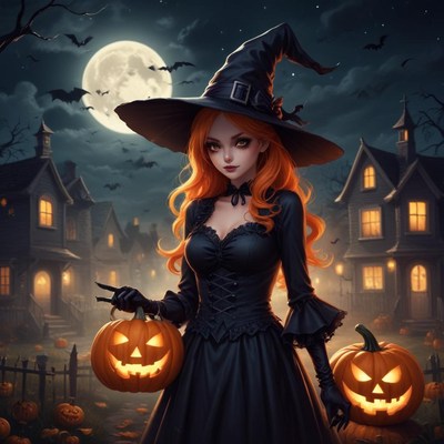 Witch holding pumpkins in a spooky halloween scene