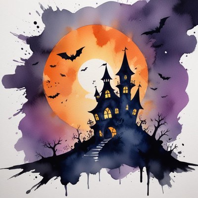 Spooky castle on a hill under a full moon and bats