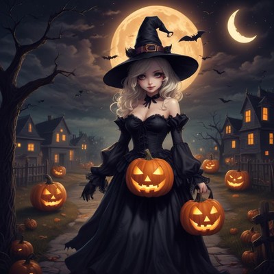 Witch with pumpkins on a spooky halloween night