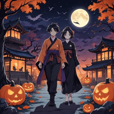 Couple in traditional attire strolls autumn night