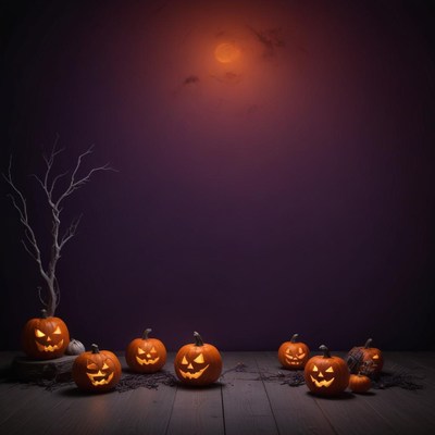 Halloween pumpkins glowing in a dark room setting