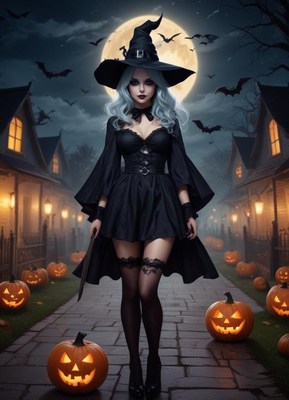 Witch walking down a spooky path on halloween night