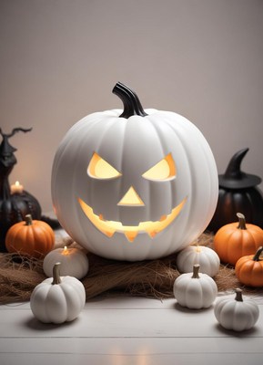 Halloween decorations with spooky pumpkins in a cozy setting