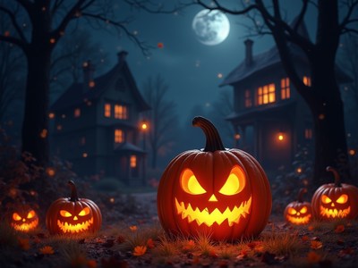 Halloween night with glowing pumpkins and spooky houses
