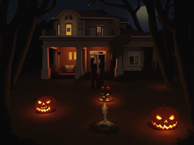 Haunted house on spooky halloween with jack-o-lanterns