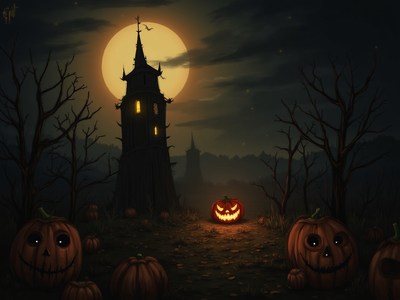 Jack-o'-lanterns under a full moon