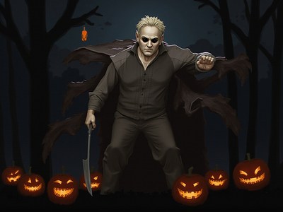 Character with a knife among glowing pumpkins at night