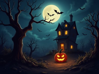 Haunted house with pumpkin and bats on halloween