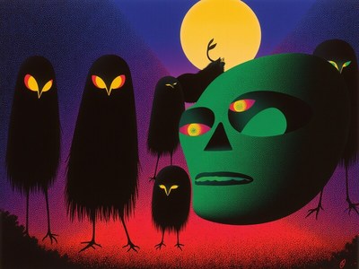 Surreal gathering of figures under a vivid sunset sky