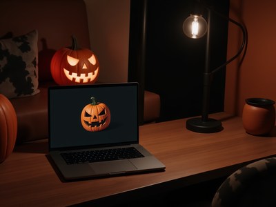 Halloween-inspired workspace with pumpkins and laptop