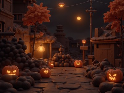 Halloween night scene with carved pumpkins and lanterns