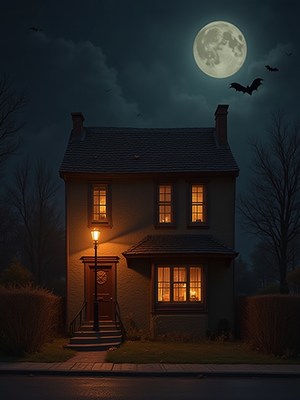 Mysterious house under a full moon with a dark sky