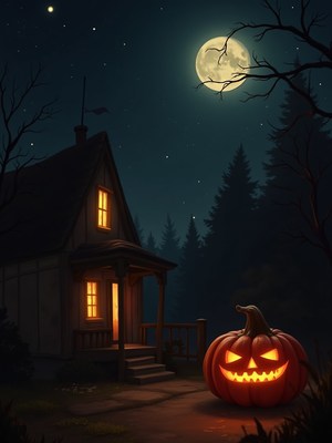 Eerie night scene with a glowing pumpkin and house