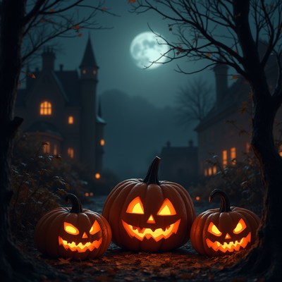Spooky pumpkins glow under the full moon at night