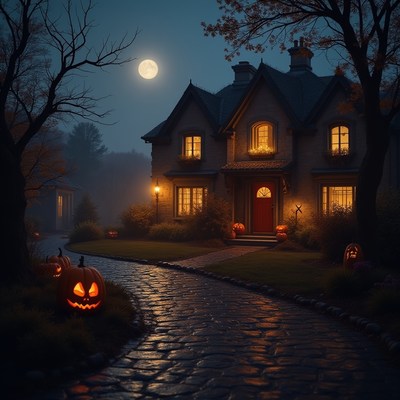 Enchanting halloween scene with pumpkins and full moon