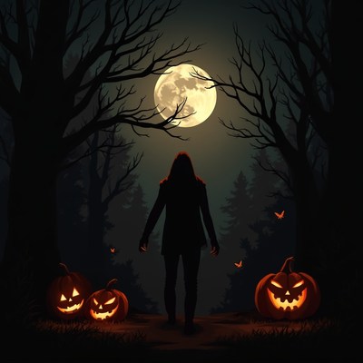 Dark night with full moon and glowing jack-o'-lanterns