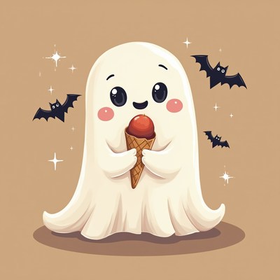 Cute ghost with ice cream cone and playful bats