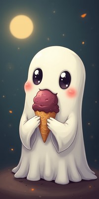 Cute ghost enjoying ice cream under the moonlight