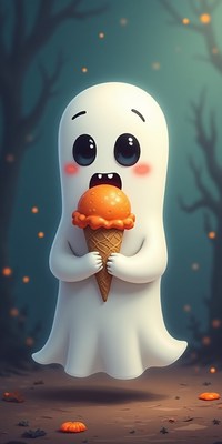Cute ghost enjoying ice cream in a spooky forest setting