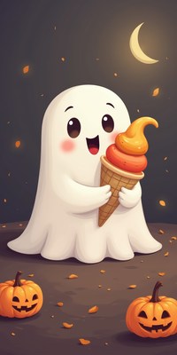 Cute ghost enjoying ice cream on a halloween night